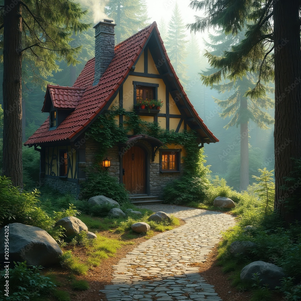 Fototapeta premium Old German cottage with red tile roof is nestled in green forest. Stone and wood house has cobblestone path leading to wooden door. Sunlight streams through pine trees.