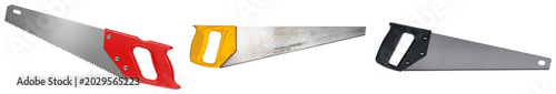 Fotografía Three different hand saws with red, yellow, and black handles, isolated on a white background
