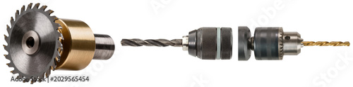 Photos Circular saw blade attachment and drill chucks with drill bits isolated on trans