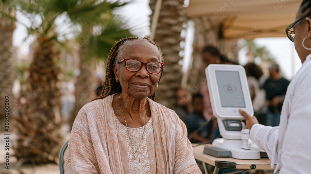 Obraz premium Elderly Caribbean woman at an outdoor community health fair sitting patiently while a volunteer technician positions her for an AI retinal screening device mounted on a folding table, palm trees and