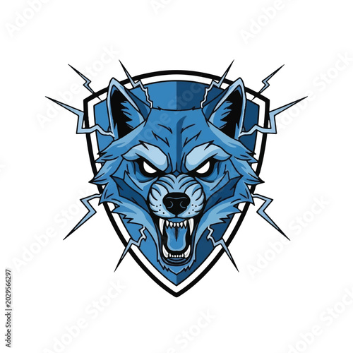 Foto Blue wolf head with sharp teeth.