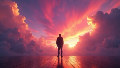 Fototapete Purpur Man stands on wooden platform watching colorful sky clouds at sunset. Person gazes at dramatic vibrant cloudscape, dreamlike atmosphere, contemplating future, imagination.  © Vadym