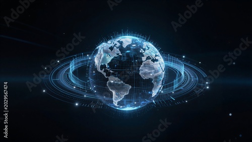 Digital globe surrounded by glowing data rings futuristic blue light.