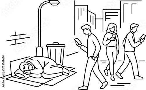 Photos Social indifference line art illustration of homeless man sleeping on city stree