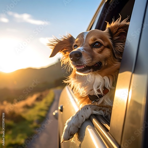 A dog sticks its head out of a car window on a scenic road (1)