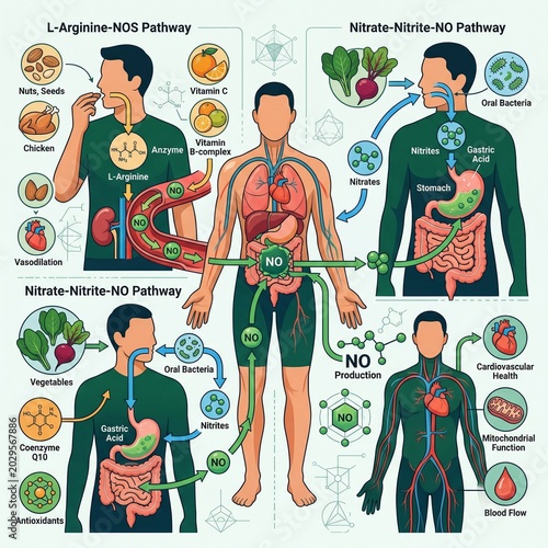 Detailed Diagram of Nitric Oxide Production Pathways Explaining L-Arginine and Nitrate Conversion for Cardiovascular Health and Body Function