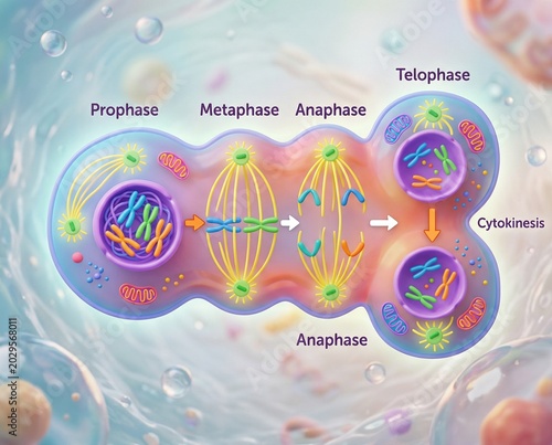 Detailed illustration of the cell cycle's five stages Prophase, Metaphase, Anaphase, Telophase, and Cytokinesis, depicting chromosome separation