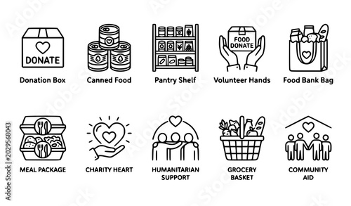 Εκτύπωση καμβά Food donation line icon set with pantry food bank charity and volunteer symbols