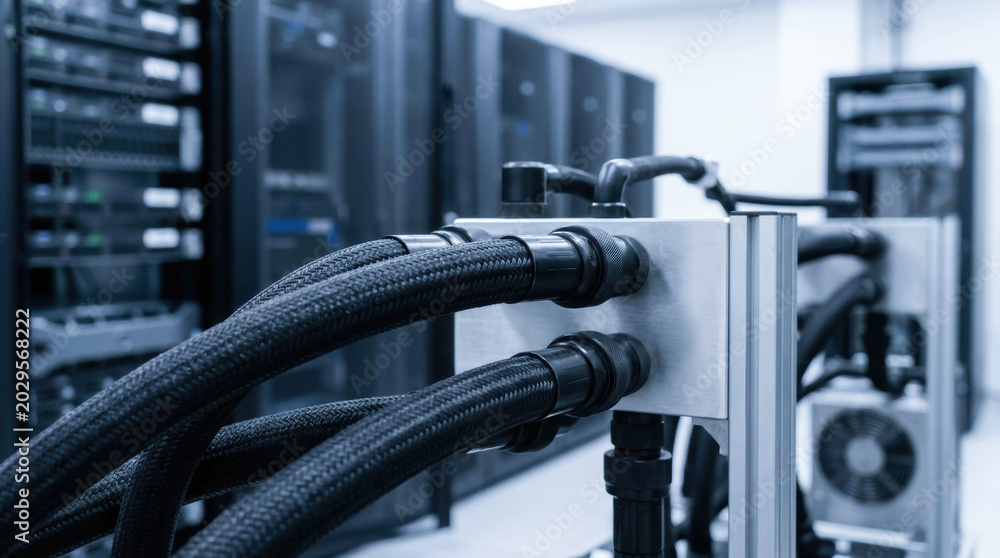 Naklejka premium High performance tensor processing unit tpu with ai accelerators connected by thick cables data center for advanced computing power and efficiency