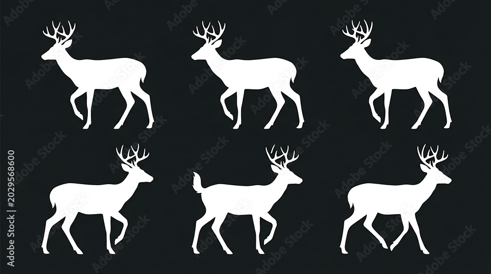 Fototapeta premium Deer silhouettes walking nobody black background