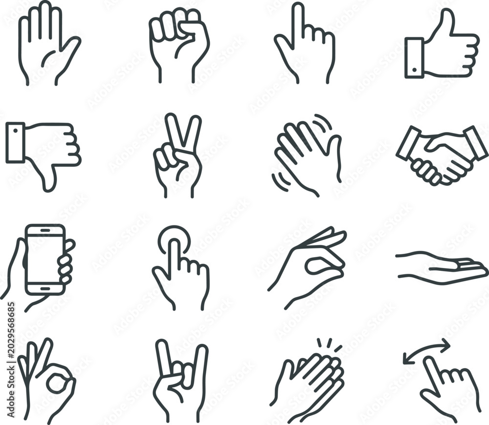 Obraz premium Minimalist Hand Gestures Outline Icon Set with OK Sign, Rock On, Clapping, and Swiping Motion Symbols for Website Interface Designs