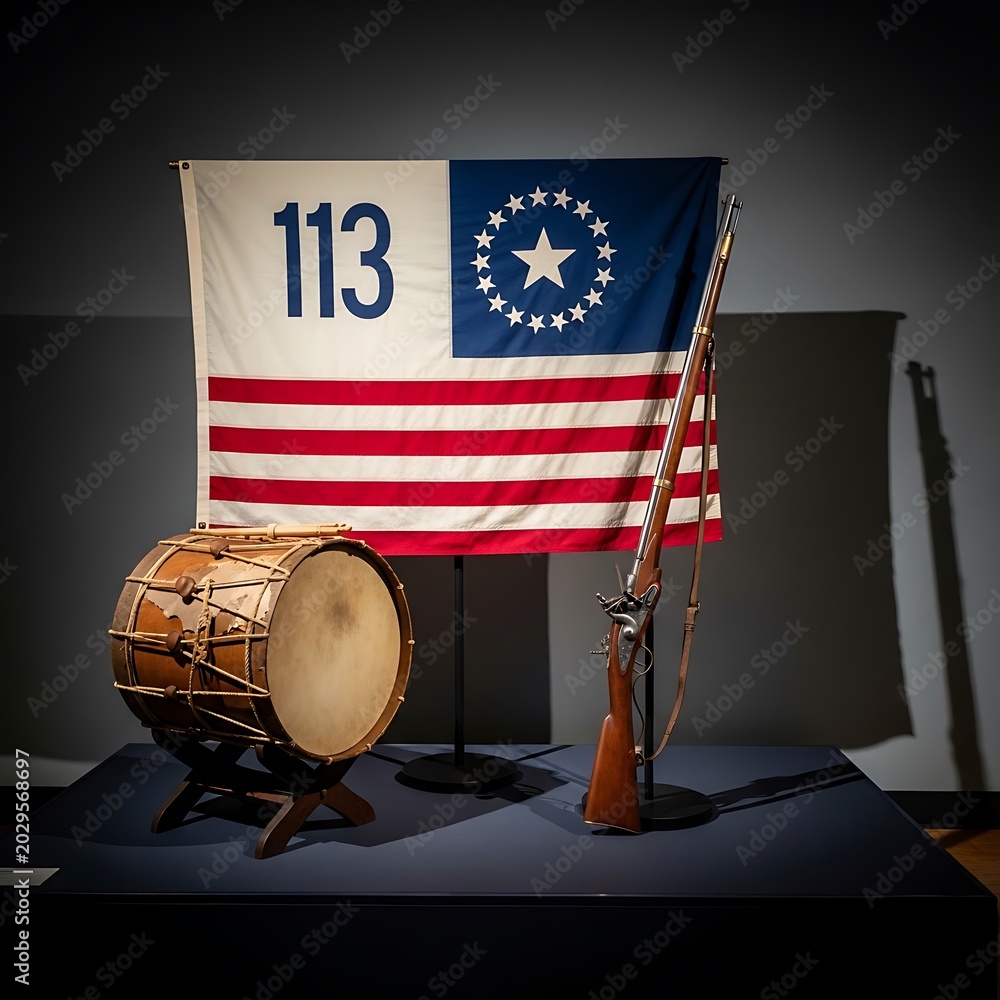 Obraz premium Historical 113 flag with an old wooden drum and a vintage musket rifle on a display in a dark room. 13 colonies flag 