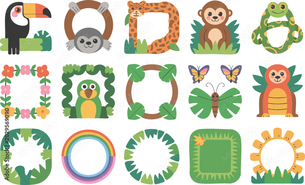 Naklejka premium Exotic jungle animal frames and tropical plant borders featuring toucan monkey sloth parrot and butterfly illustrations