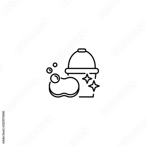 cleaning bucket with a washing sponge soap bubbles Outline Transparent background Editable Stroke