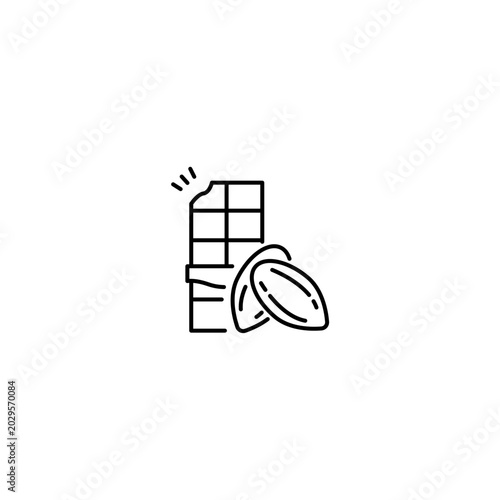 bitten chocolate bar next to organic cocoa beans Outline Transparent background Editable Stroke