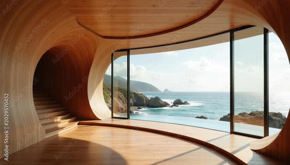 Fototapeta premium Minimalist wooden interior features curved staircase, floor to ceiling windows with ocean views. Open concept living space blends natural light, coastal landscape. Peaceful design promotes relaxation.