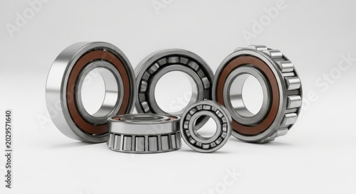 Bearings, metal, industrial components, arranged, on white background