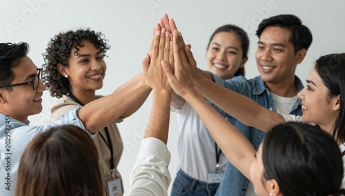 Diverse group of young professionals high-fiving each other to celebrate success