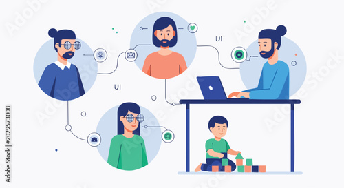 Remote Working Father with Child Playing Under Desk Illustration