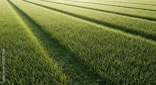 Lush Green Field with Distinct Rows and Sunlight.
