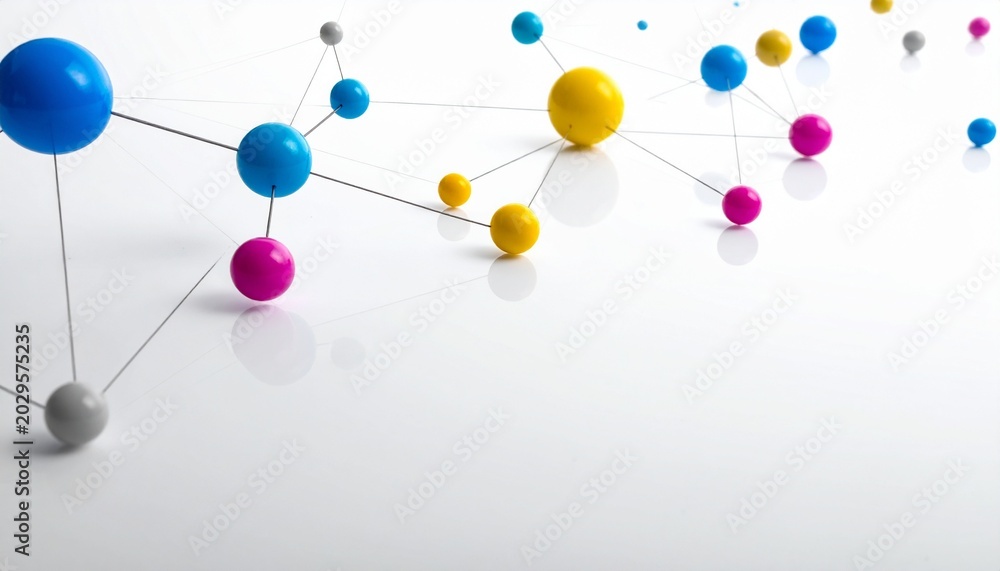 Fototapeta premium Colorful spheres connected by lines on clean white background