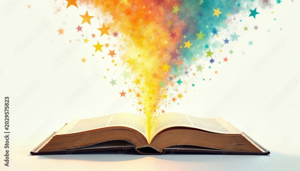 Obraz premium Open book emits colorful stars suggesting imagination and magic. Literature, fantasy, and creativity flow from pages. Stars sparkle and glow, bringing wonder and dreams to life.
