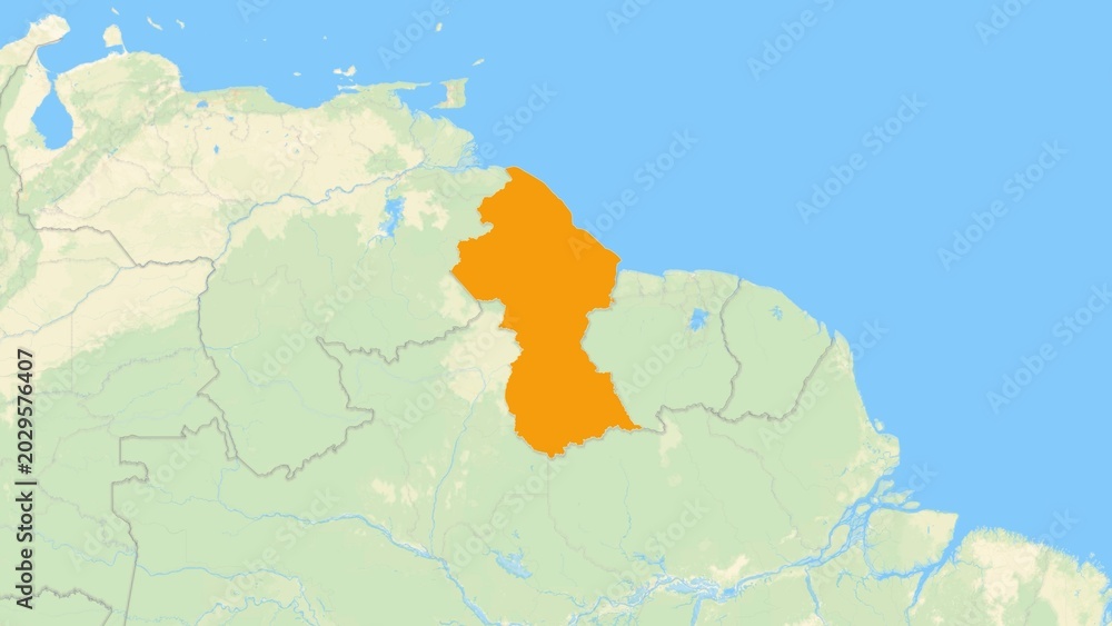 Fototapeta premium Zoom in on a Country from a Stylised World Map Guyana
