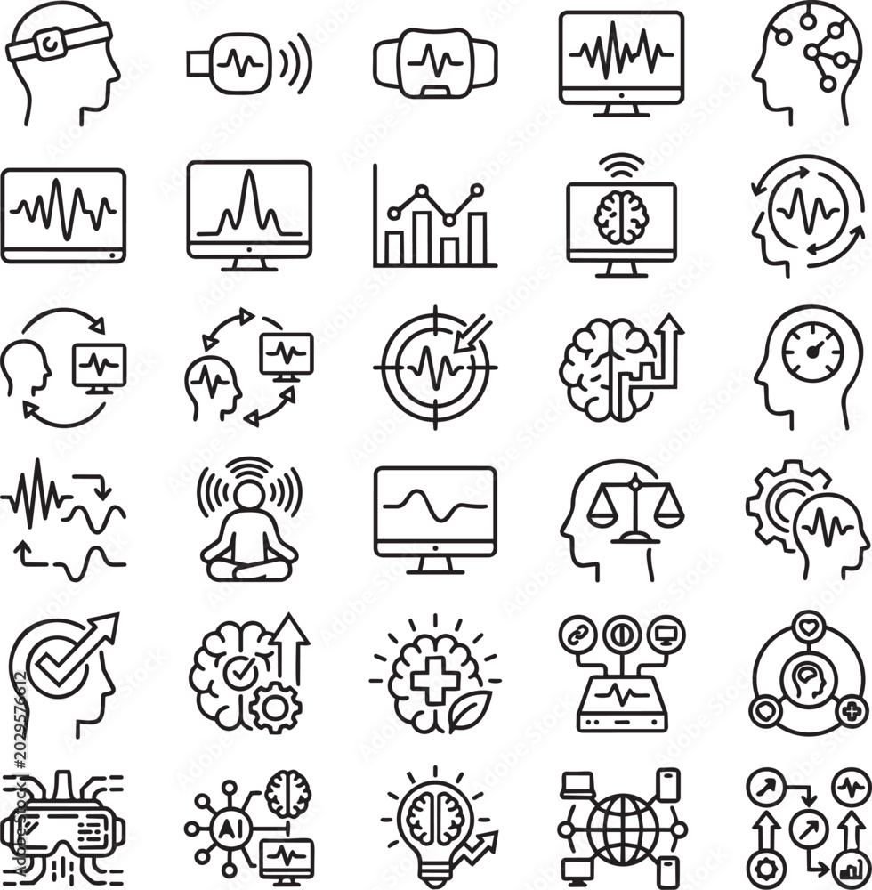 Fototapeta premium Neurofeedback Training Line Icons Set – 30 Minimal Black Outline Vector Icons for Brain Health, EEG Monitoring & Cognitive Performance