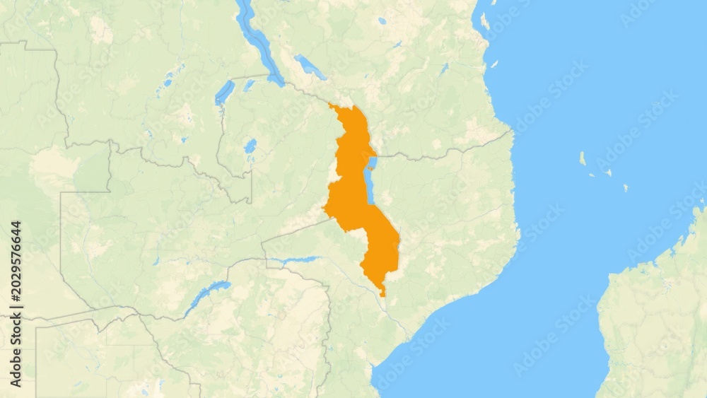 Obraz premium Zoom in on a Country from a Stylised World Map Malawi