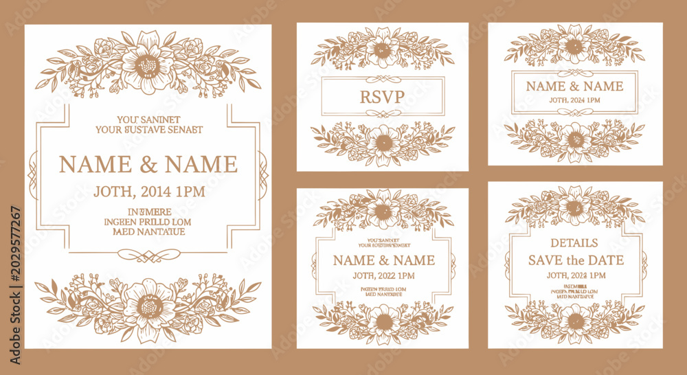 Fototapeta premium Elegant Wedding Invitation Stationery Suite Template Set with Floral Botanical Borders and Vintage Gold Line Art