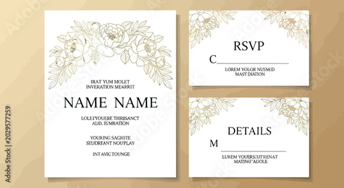 Elegant Wedding Invitation Suite with Gold Line Art Peony Flowers, RSVP and Details Cards Template