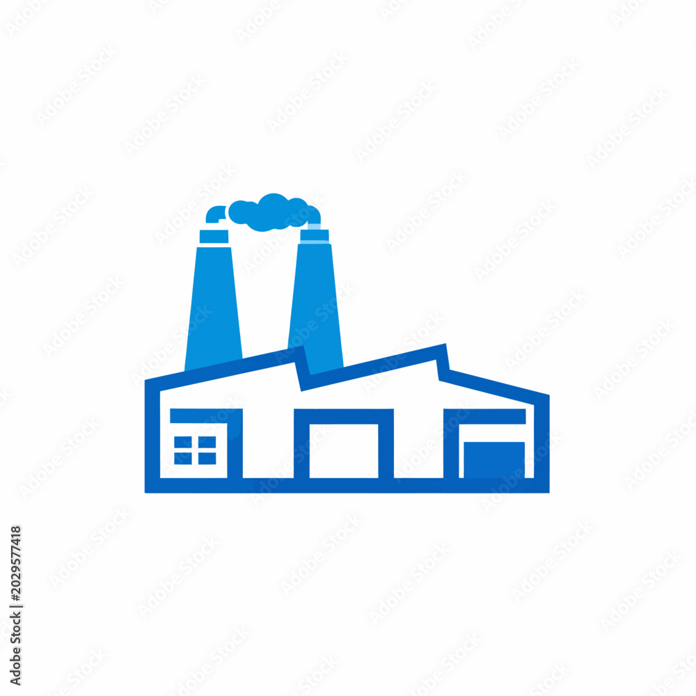 Fototapeta premium Blue factory building icon with smoking chimneys illustration.