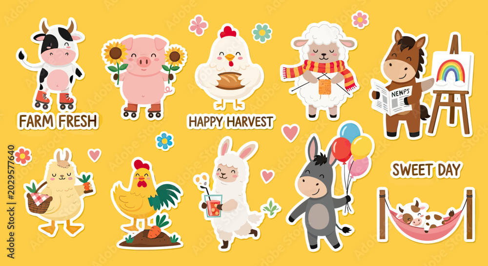 Fototapeta premium Cute Farm Animal Sticker Set Featuring Kawaii Cow, Pig, Sheep, Horse, and Chicken Characters for Kids and Scrapbooking
