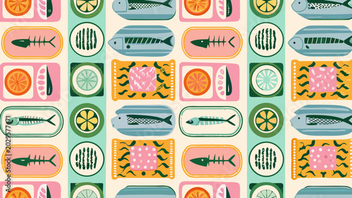 Φωτογραφία repeating pattern of fish skeletons citrus slices and seafood in a retro style