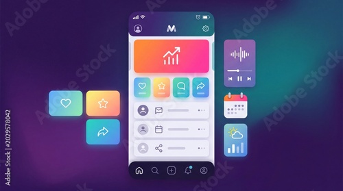 Minimal clean UI aesthetic mobile app interface gradient background colorful icons modern dashboard user profile navigation bar interactive elements digital design technology