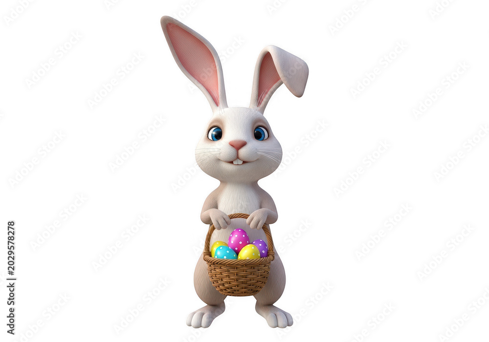 Obraz premium Cute white bunny rabbit holding a basket full of colorful easter eggs isolated on transparent background