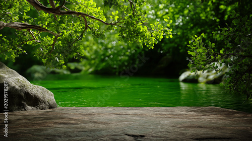 Empty stone table top with blurred green forest river and tree leaves background