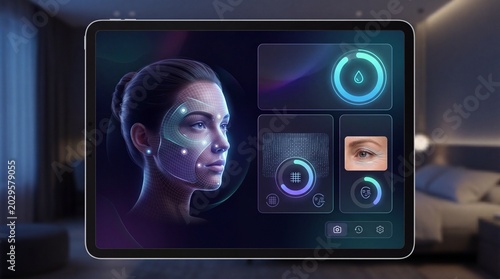 Facial analysis dashboard digital skin assessment futuristic interface biometric scan technology artificial intelligence female face glowing graphics modern health monitoring