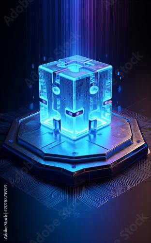 Glowing blue puzzle cube on futuristic circuit platform under digital