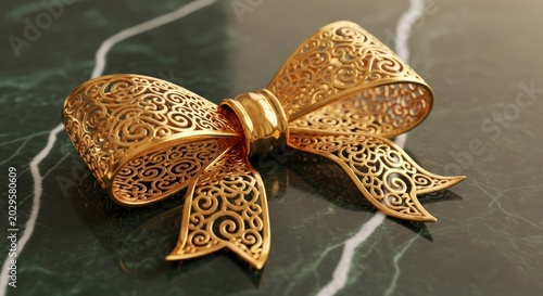 Elegant Gold Bow Ornament on Green Marble Surface