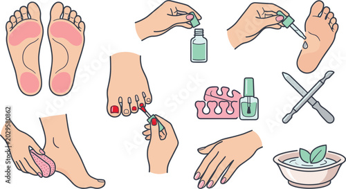 Tableau sur toile Pedicure and Foot Care Collection Illustration with Nail Polish, Spa Treatment,