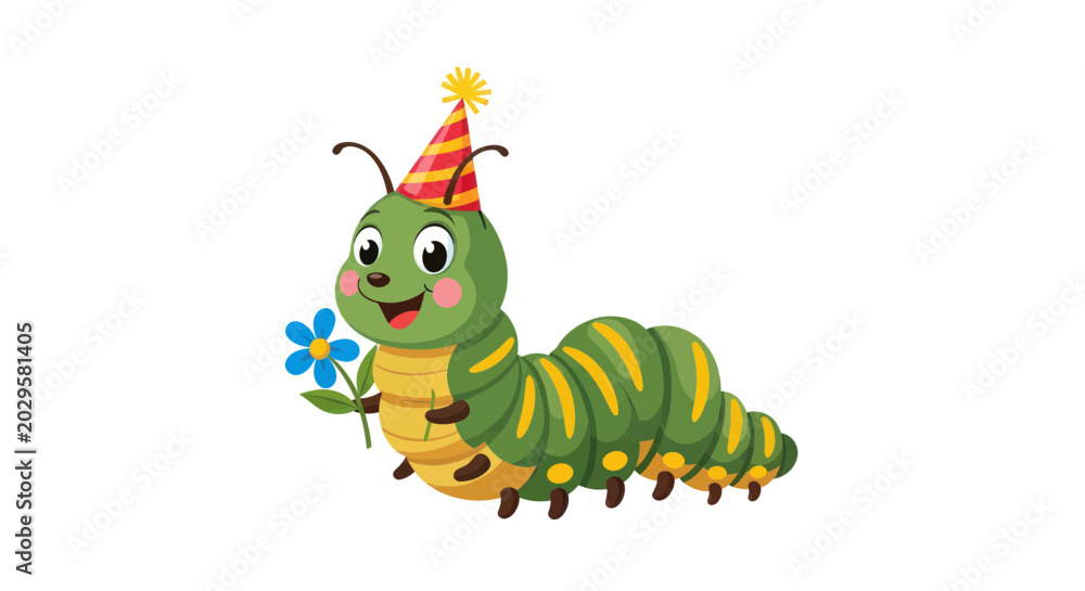 Fototapeta premium Cute Caterpillar Character Wearing Party Hat, Holding Blue Flower