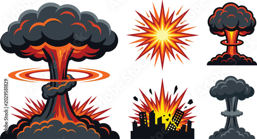 Bilde på lerret Explosion and Nuclear Blast Collection Illustration with Mushroom Clouds, Urban