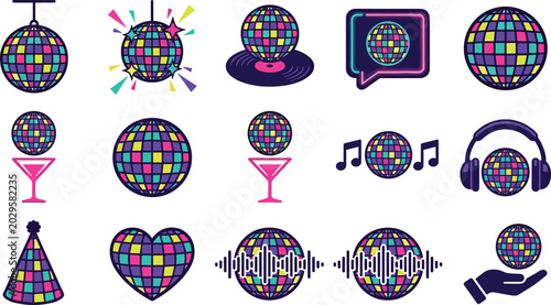 Foto Disco Party Icon Collection with Retro Mirror Balls, Neon Music Elements, and Co