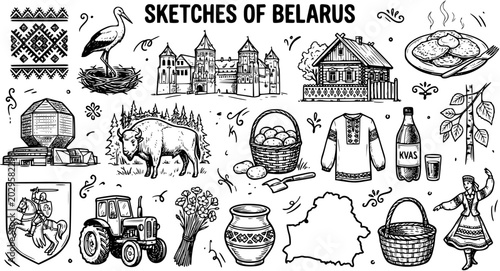 Hand-drawn Black and White Line Art Sketches of Belarus: Cultural Symbols, Travel Landmarks, Traditional Food  Animal Icons. Belarusian Heritage Vector.