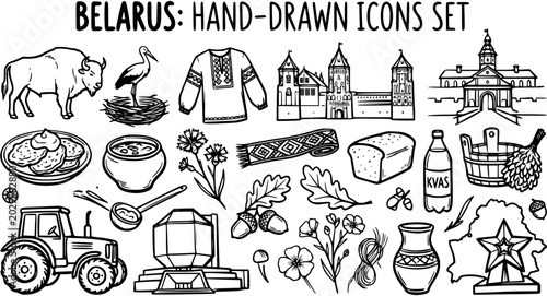 Belarus Hand-Drawn Icons Set: Cultural Symbols, Traditional Objects, Famous Landmarks, and Nature Elements in Line Art Style