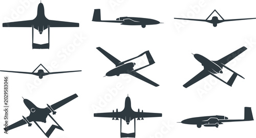 Schilderij op canvas Military Drone and UAV Silhouette Collection with Reconnaissance Aircraft, Steal