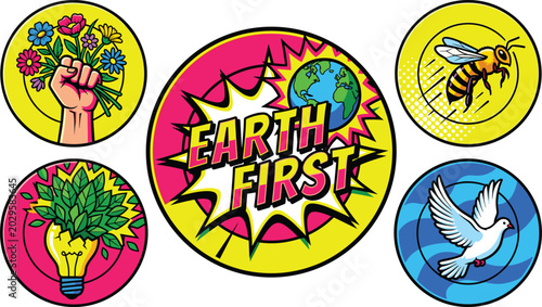 Bild auf Leinwand Earth first retro pop art sticker collection with protest fist holding flowers f
