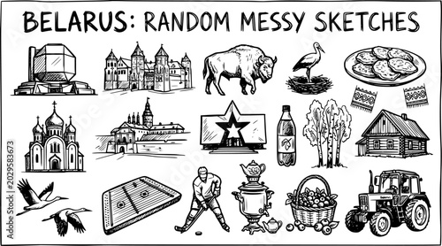 Hand-drawn Black and White Sketch Set of Belarusian Culture and Travel Icons: Landmarks, National Symbols, Traditional Objects, Food, and Nature