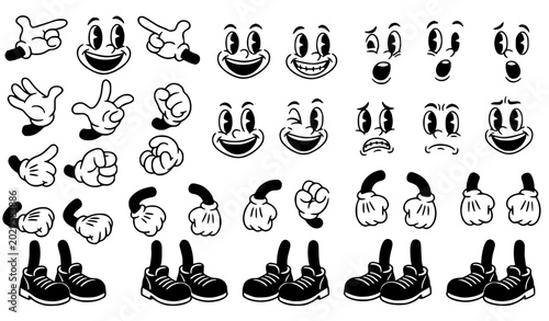 Bild auf Leinwand Retro mascot body parts and facial expressions outline vector collection